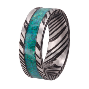 Bague en acier de Damas plaqué noir avec incrustation de bois et d'<span class=keywords><strong>opale</strong></span> concassée, alliance unique pour homme, bijoux de mariage faits à la main - Product Image 5