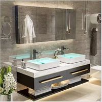 Style Américain Tenture Murale Pvc Miroir Flottant Led 2 Lavabos Doubles Armoires de Vanité de Salle de Bain Modernes