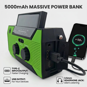 <span class=keywords><strong>Radio</strong></span> solaire d'urgence à manivelle avec port de charge USB-C, en plastique ABS, 5000 mAh, certifiée CE RoHS, prête à être expédiée pour les zones sauvages - Product Image 3