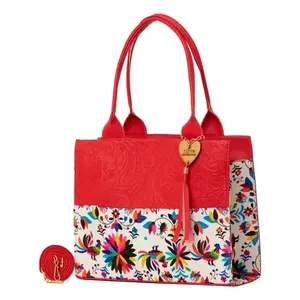 Bolso de mano de yute rojo para mujer Fana Dahina, tamaño mediano, estampado floral, para uso alimentario, con bolsillo con cremallera - Product Image 1