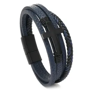 New Alloy Herren schwarz Kreuz Schmuck Mode Magnet Schnalle mehr schicht ige gewebte Leder Armband