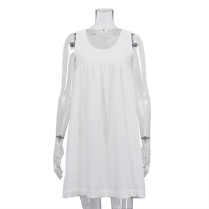Abito da Notte Estivo in Cotone per Donna, Corto e Senza Maniche, Casual, con Bordo in Pizzo e Tessuto Crespo Bianco - Product Image 4