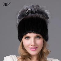 Warme Winter-Damenmütze aus Nerz- und Fuchsfell mit Pompon, Strickmütze mit Verstellmöglichkeit für Reisen