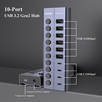 FIDECO Nouveau Lancement Aluminium 10 Ports Type A/C Hub avec Adaptateur Charge 10Gbps avec Commutateur Individuel 10 Port Usb Hub