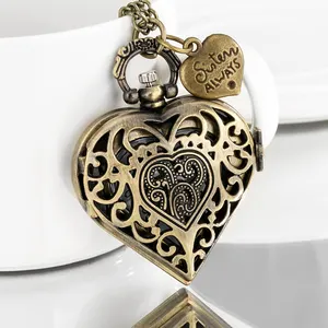 Retro Bronze Hollow Heart Shaped Gift Pocket Clock Chain Vintage Pendant Watch Necklace For Friends