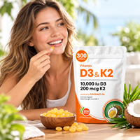 Gélules de Vitamine D3 K2 MK-7 10000 UI 200 µg à l'Huile de Coco, Complément Alimentaire, 300 Unités, Sans Soja, Sans Produits Laitiers, Sans Gluten