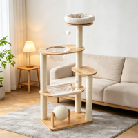 Arbre à chat multi-niveaux ScratchHaven 132 cm en bois de caoutchouc avec hamac en toile, bol en acrylique transparent et quatre poteaux à gratter en sisal