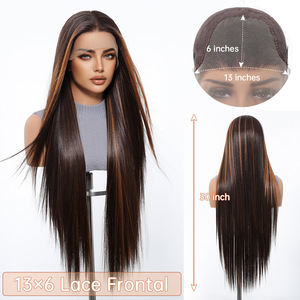 Estilo libre 13*6 HD U Peluca de encaje fibra sintética futura peluca suave Natural larga recta mezclada 180% densidad marrón oscuro Ombre rojo suave - Product Image 6