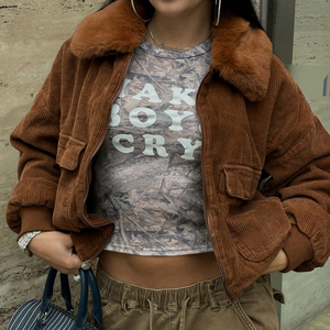 Veste en velours côtelé marron, col court en teddy, fermeture éclair, doublure en sherpa, streetwear rétro, crop top baddie - Product Image 6