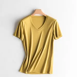 Camisetas lisas de algodón y seda para mujer, ropa informal coreana cómoda de alta calidad con cuello en V