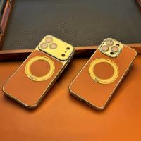 Étui de téléphone magnétique en similicuir premium avec béquille rotative à 360° et protection d'objectif de caméra à cadre électroplaqué pour iPhone 17 16