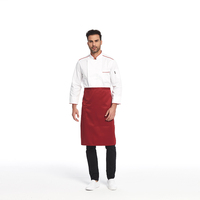 Veste de chef à col montant avec logo personnalisé et passepoil rouge, manches longues, double boutonnage, uniforme de chef pour hôtel, restauration, boulangerie, avec tablier assorti