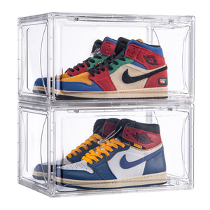 Shoe Acrylic Plastic Magnetic Side Open Stackable Folding Clear Display Shoe Storage Box For Organizer Basketball Sports Shoe