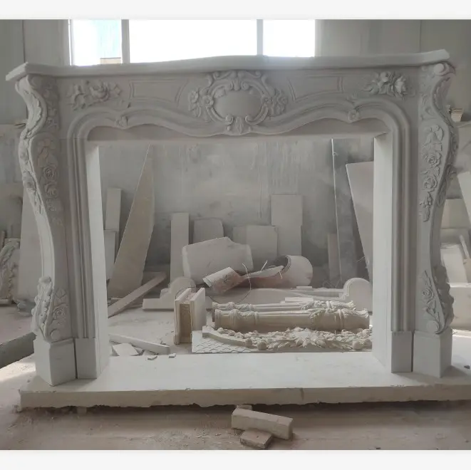 Modern Design Carved Indoor Freestanding White Marble Sculpture Fireplaces