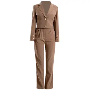 Traje vintage de moda marrón para mujer, abrigo corto de manga larga, pantalones de cintura alta para ir al trabajo, dos piezas, novedad de otoño