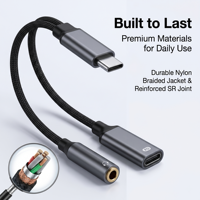 Adaptateur répartiteur audio 2-en-1 USB-C vers prise casque 3,5 mm avec DAC Hi-Fi et charge rapide PD 3.0 60W pour téléphones iOS et Android USB-C