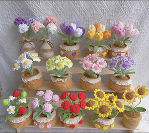 Crochet hecho a mano Rosa lirio fresa girasol tulipán flor plantas en maceta para decoración del hogar Día de San Valentín para siempre regalos de flores - Product Image 2