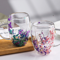 Gelas Kopi Kaca Dinding Ganda Motif Bunga, Cangkir Kaca Transparan Kreatif dengan Gagang, Gelas Kaca Ganda Motif Bunga