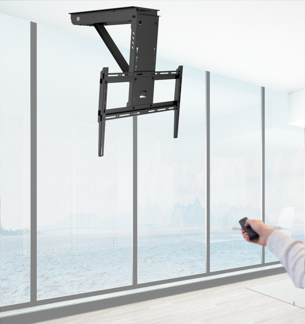 Electric Motorized Steel Ceiling TV Mount Flip Bracket Remote Control 45kg Load Capacity Tilt Rotate Height Adjustable 32-70"
