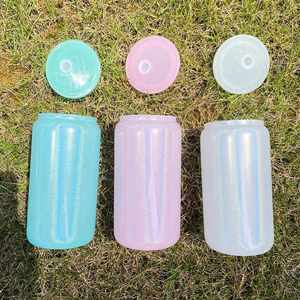 Gobelet en verre à sublimation vierge de 16 oz, scintillant et coloré, avec couvercle en plastique coloré, provenant de notre entrepôt aux États-Unis - Product Image 2