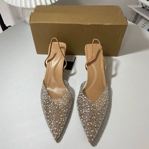 Sandales d'été à talons aiguilles pour femmes, bout pointu, ouvertes à l'arrière, ornées de perles, à bride cheville, style mule à bout couvert - Product Image 2