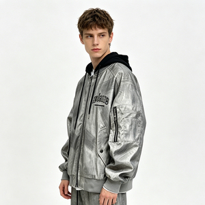 Blouson MA-1 en jean délavé style vintage américain avec capuche amovible, broderie gothique, fermeture éclair intégrale, coupe ample, été, imperméable et respirant - Product Image 4
