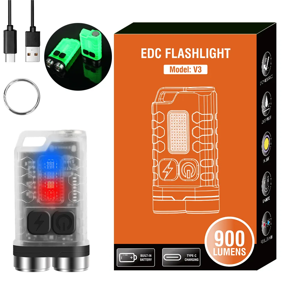 V3 Multifungsi 900 Lumens EDC Mini Gantungan Kunci Senter UV Dual LED Tipe C Pengisian IP65 Tahan Air Kuat Magnetic Tail Torch