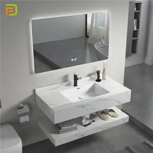 Modern style bathroom artificial stone sink cabinet vanity wall hung marble wash basin with smart led mirror