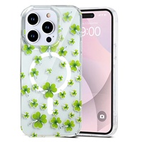 Étui de protection transparent magnétique en TPU+PC de luxe vintage avec des feuilles et des fleurs pour 15 Pro Max, compatible avec la charge sans fil