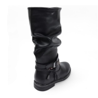 Bottes noires en cuir pour filles, hauteur genou, avec doublure en coton, ceinture décorative, semelle scintillante, autre matériau de semelle intermédiaire
