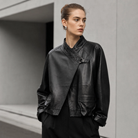 Veste en cuir de mouton véritable pour femme, col montant, patte de boutonnage asymétrique, ourlet à cordon de serrage, manteau court, vêtement d'extérieur en cuir vintage