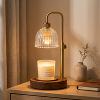 Lampe chauffe-bougie vintage en laiton avec abat-jour en verre côtelé, hauteur réglable, intensité variable, électrique, pour aromathérapie et décoration de table