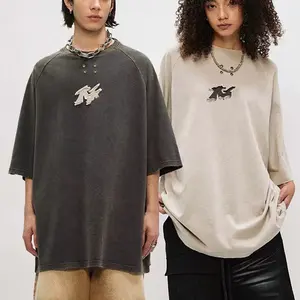 Low Moq 240gsm 100% Cotton Acid Wash Oversized Vintage Distressed Embroidery Boxy Streetwear Top T Shirt