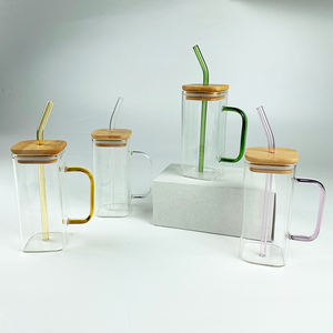 1419 13.5 औंस पानी कप बांस साफ माजर जार 16 औंस हैंडल ढक्कन से उच्च बोरोसिलिकेट ग्लास वर्ग ग्लास मग - Product Image 1