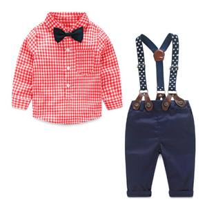 Conjuntos de Ropa de Algodón para Bebés Niños, Estilo Caballero, Primavera, Camisa de Manga Larga a Cuadros con Corbata, Pantalones con Tirantes, Y10695 - Product Image 4