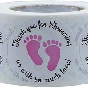 Autocollants ronds mignons en forme d'empreintes de pieds roses, « Merci de nous avoir bénis d'amour », étiquettes autocollantes en papier artistique pour fête de naissance - Product Image 1