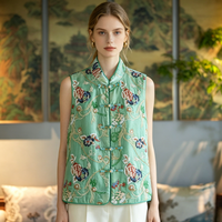 Gilet original pour femme, fait main, à sequins, simple boutonnage, col montant, en velours de soie, nouveau style chinois, vert, 5324