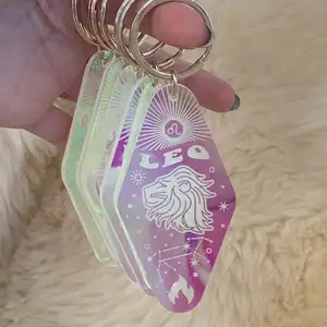 Großhandel benutzer definierte Acryl Glitter Tierkreis Astrologie schillernden Motel-Stil Schlüssel ring holo graphischen Schlüssel bund für Geschenk