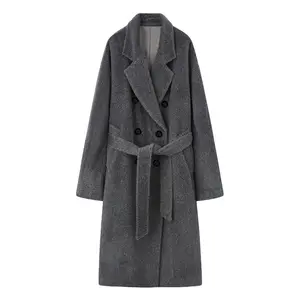 Suli alpaca lace up mid-length wool coat women cashmere with belt women cashmere wool long coat with lining