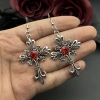 Boucles d'oreilles croix gothique ornée, style Hip Hop Rock, avec cristaux effet goutte d'huile rouge, accessoires esthétiques, bijoux cadeau