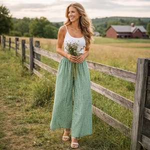 Culottes Personalizzate da Donna in Puro <span class=keywords><strong>Lino</strong></span> <span class=keywords><strong>Verde</strong></span> a Quadretti con Vita Elastica, <span class=keywords><strong>Pantaloni</strong></span> Estivi Casual a Gamba Larga - Product Image 1