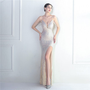 Elegante Abito da Sera <span class=keywords><strong>Lungo</strong></span> <span class=keywords><strong>Nero</strong></span> con Scollo a V, <span class=keywords><strong>Spacco</strong></span> Alto e Paillettes, <span class=keywords><strong>Vestito</strong></span> da Cerimonia con Perline per Donna - Product Image 6
