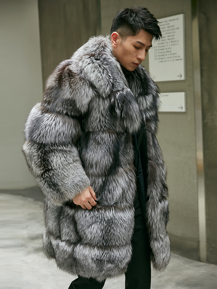 Men's 7XL Warm & Windproof Silver Fox Fur Coat - Luxury Plus Size