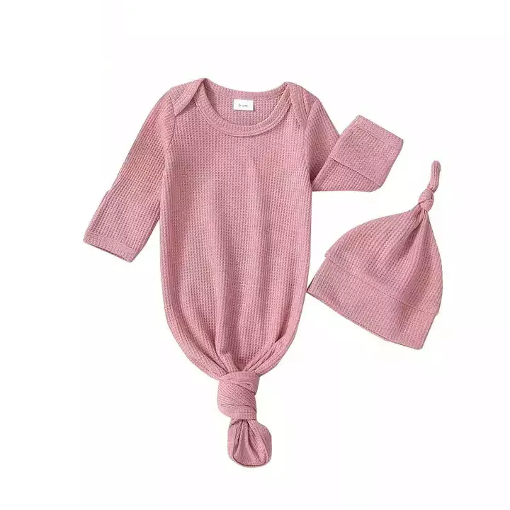 Newborn Super Soft Comfortable Warm Long Sleeve Baby Knotted Extra Long Dressing Tie Knot Gown Waffle Baby Knot Gown With Hat Se