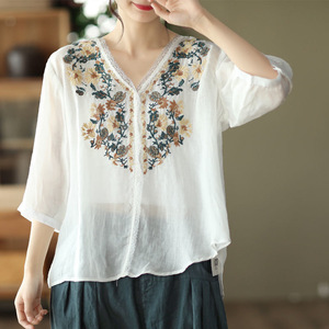 Women's Cotton <b>Linen</b> Embroidered <b>Top</b> V-Neck Ethnic Style Summer Blouse Breathable Lightweight Casual Wear - Product Image 3