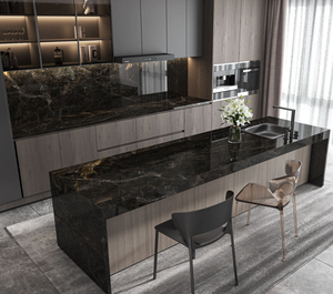 Table à manger en dalle grande format en or fritté Prometheus, étanche et polie sur mesure, pour comptoirs de luxe d'hôtels, appartements et villas - Product Image 1