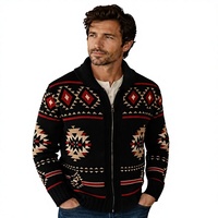 Cardigan en tricot géométrique rétro pour homme, collection automne-hiver 2026, fermeture éclair sur le devant, manches longues, pull chaud en maille