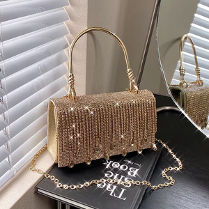 Tassel Shiny Metal <b>Small</b> Square Cover Closure Gold Mobile Phone Rhinestone Chain PU Crossbody <b>Bag</b> for Women Daily Use Tanjing - Product Image 3