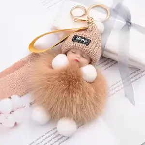 Kawaii Sleeping Baby Doll Plushie Keychain Plush Doll Rabbit Fur Pom Pom Key Chains Handbag Bag Charms Pendant Christmas Gifts