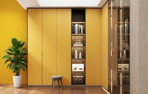 Armadio ad <span class=keywords><strong>angolo</strong></span> a forma di <span class=keywords><strong>L</strong></span>: porte in materiale misto, scaffalature aperte retroilluminate, nicchia di vanità integrata, moderna conservazione funzionale - Product Image 4